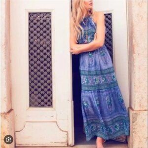 Alicia Bell Riley Maxi Dress Womens Medium Blue Purple Sleeveless Tassels Silk